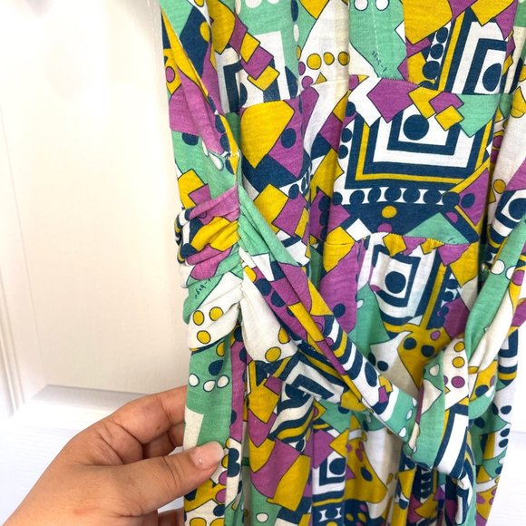 Geometric Printed Jersey Belted Short Sleeve Y2K Dress S - Picture 6 of 8